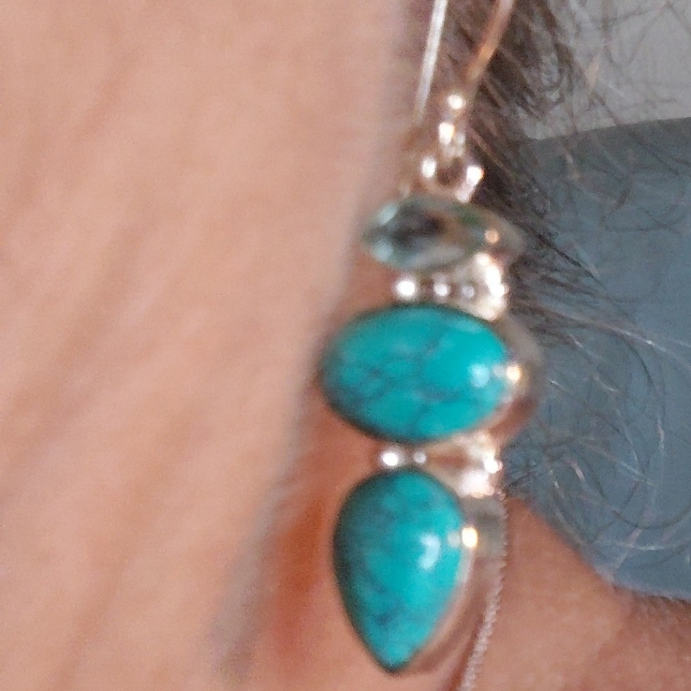 🔥KINGMAN TURQUOISE, LONDON BLUE TOPAZ, STERLING HYPOALLERGENIC EAR. 1-1/2" - Picture 8 of 12